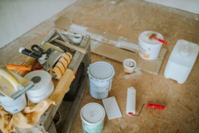 Floor protection materials laid out for a renovation project
