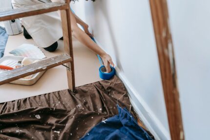 Room prepared with seaming tape for painting work